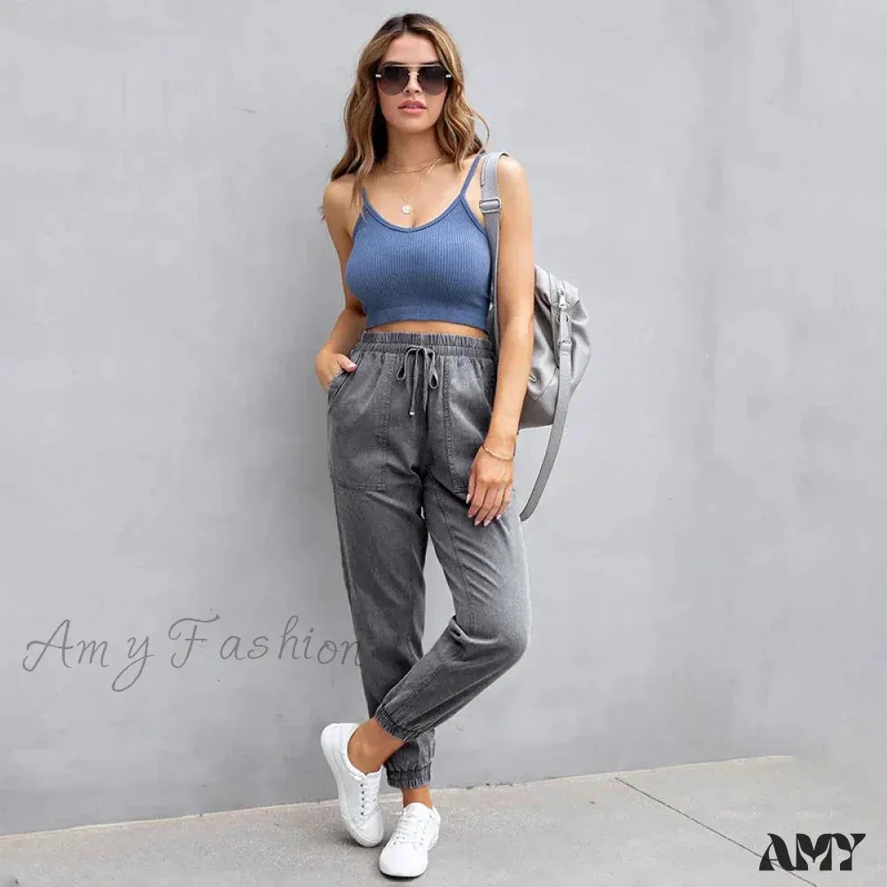 Amy Fashion - Stretch Women High Waist Wide Leg Casual Fashion Pocket Drawstring Women Clothing Mom Jean