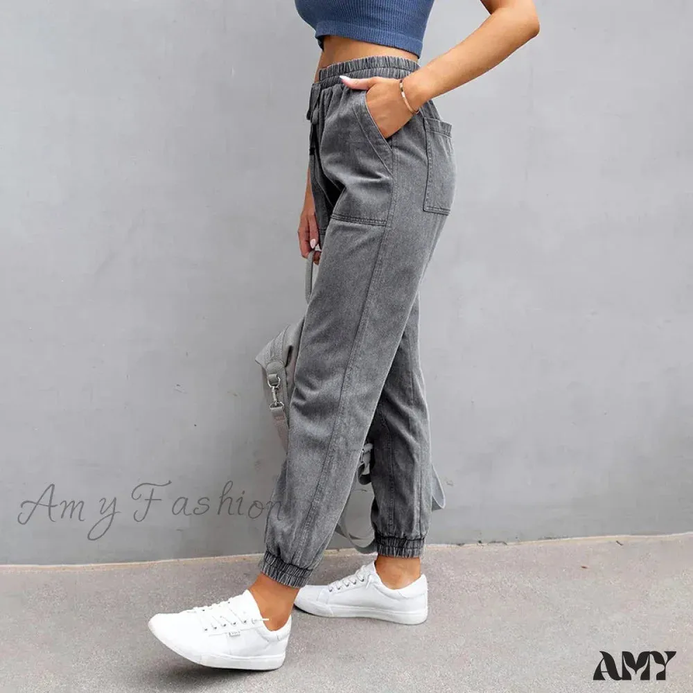 Amy Fashion - Stretch Women High Waist Wide Leg Casual Fashion Pocket Drawstring Women Clothing Mom Jean
