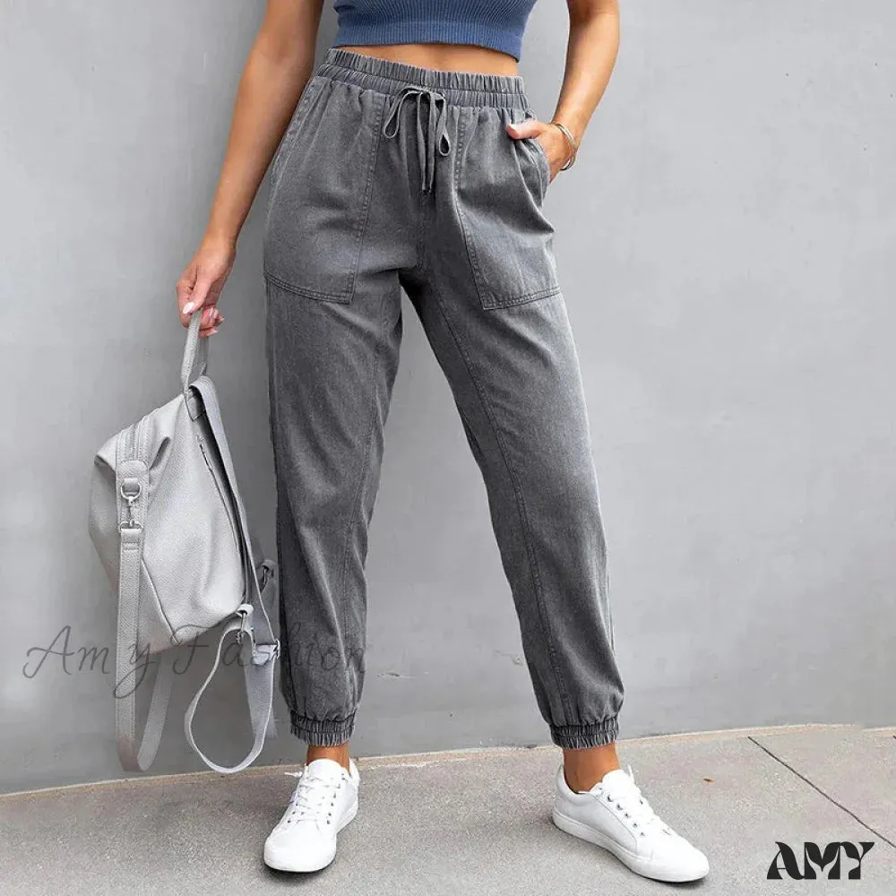 Amy Fashion - Stretch Women High Waist Wide Leg Casual Fashion Pocket Drawstring Women Clothing Mom Jean
