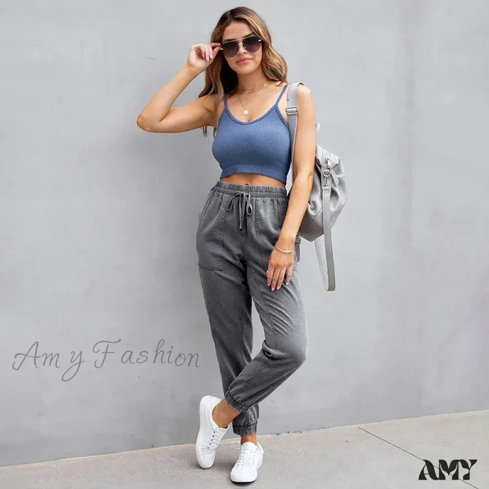 Amy Fashion - Stretch Women High Waist Wide Leg Casual Fashion Pocket Drawstring Women Clothing Mom Jean