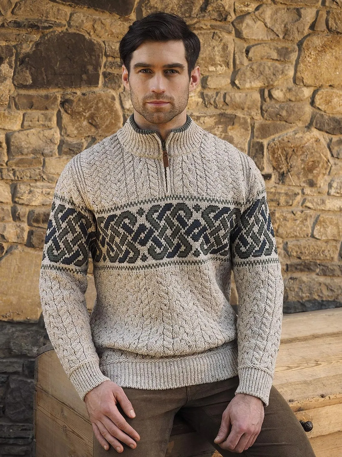 Aran Crafts Men's Irish Cable Knit Half Zip Jacquard Sweater (100% Merino Wool)