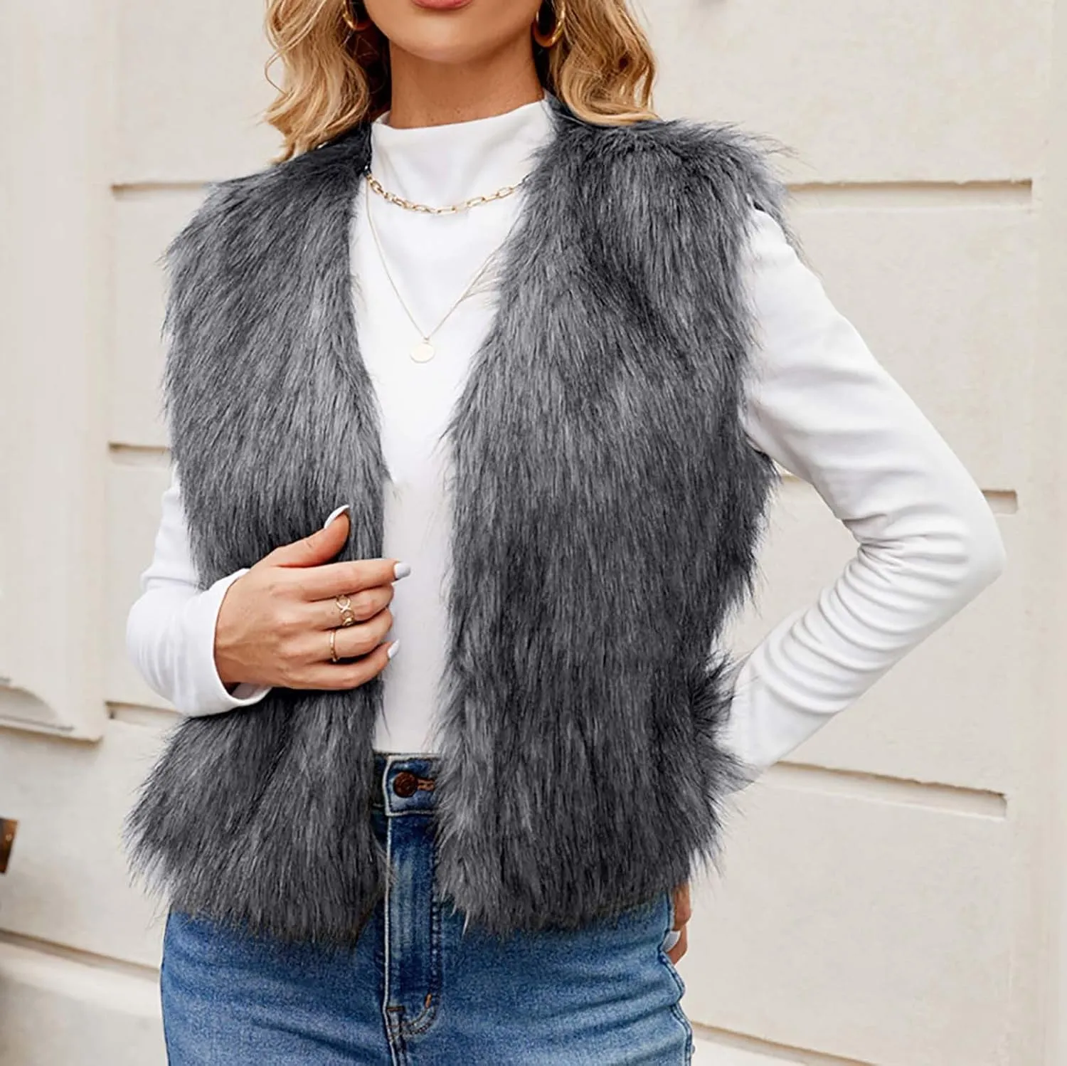 Binmer Faux Fur Vest Jacket for Women Sleeveless Open Front Winter Warm Waistcoat Fluffy Fuzzy Coat Soft Short Outerwear