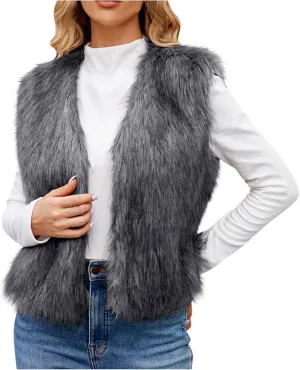 Binmer Faux Fur Vest Jacket for Women Sleeveless Open Front Winter Warm Waistcoat Fluffy Fuzzy Coat Soft Short Outerwear