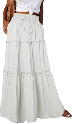 Boho Maxi Skirts for Women 2025 Casual Bohemian Tiered Long Pleated Skirt Hippie High Waisted Aline Beach Flowy Skirt