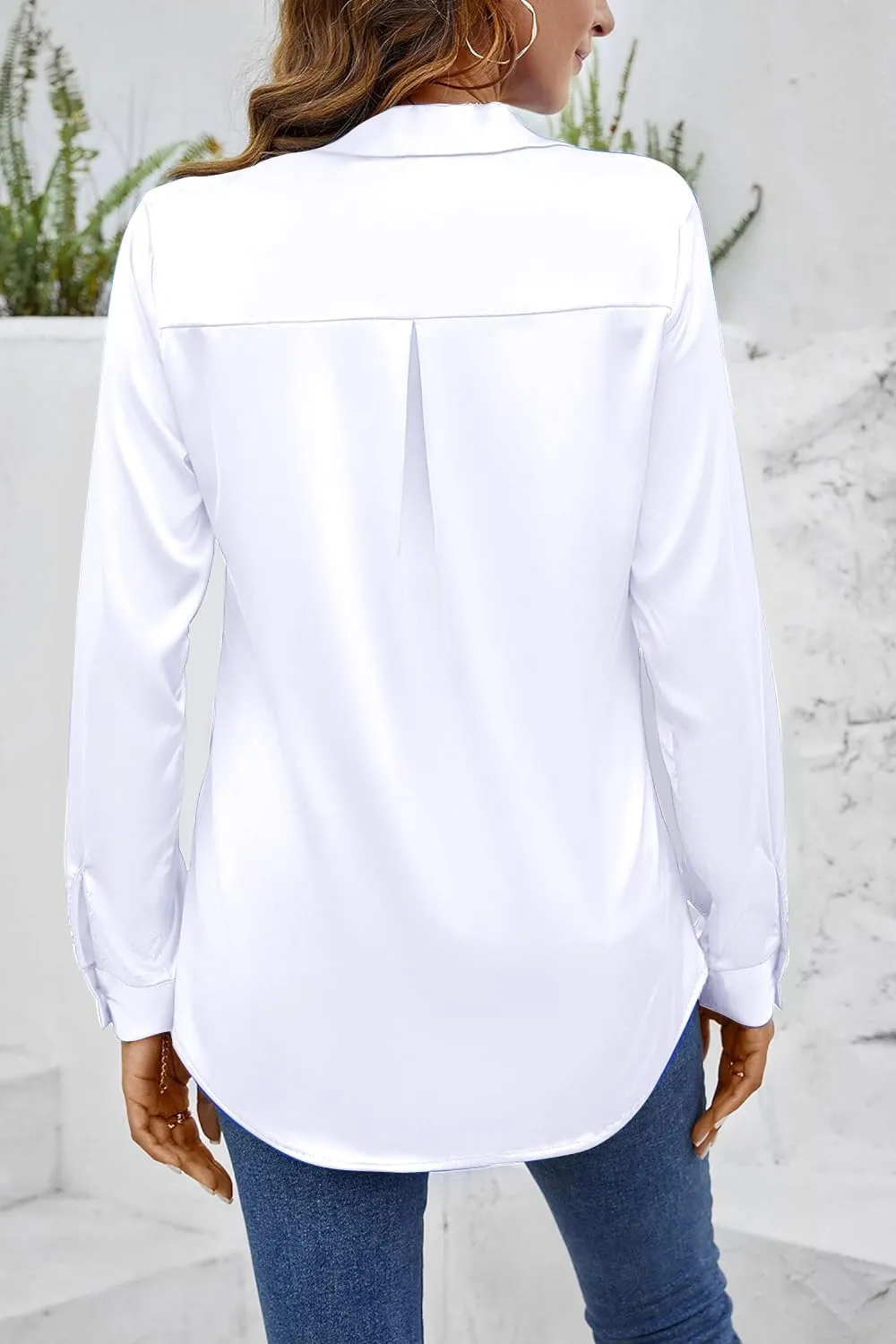 CBOO Women Elegant Satin Blouses Shirts, Soft Silk Shirts Top, Satin Button Down Shirts, Office Long Sleeve Blouse Shirt