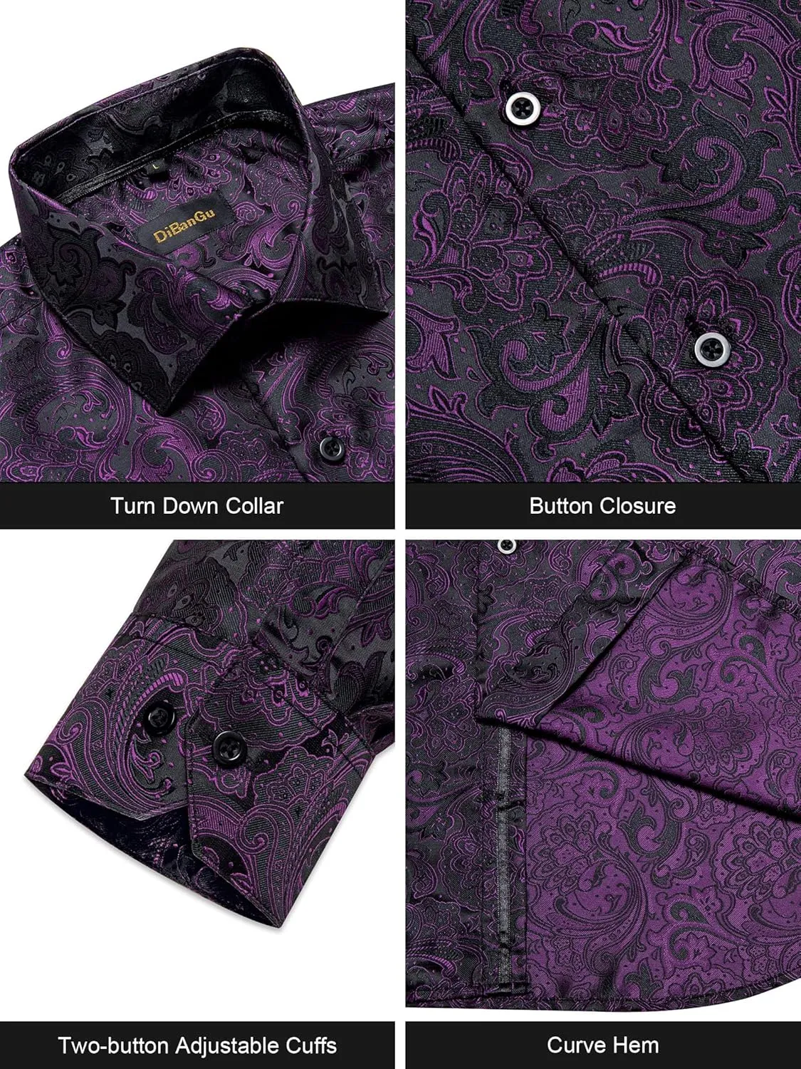 DiBanGu Mens Silk Paisley Dress Shirts,Long Sleeve Button Down Shirt Casual Regular Fit Shirt for Men Wedding Party