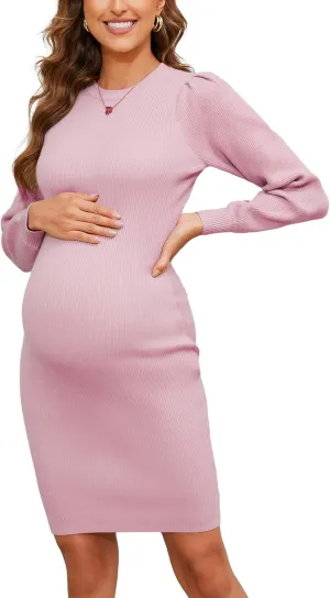Ecavus Women's Maternity Sweater Dress Long Bishop Sleeves Knit Pullover Bodycon Mini Dresses