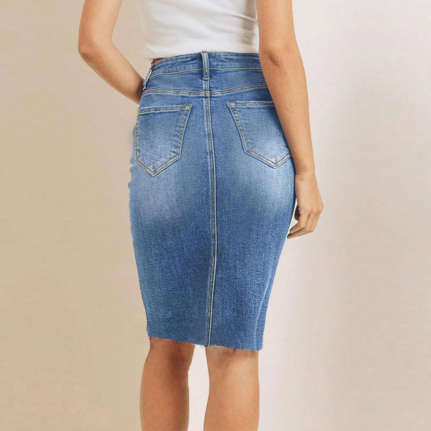 fanmpghleoo High Waisted Denim Skirt Women Raw Hem Pencil Mini Jean Skirt with Pockets Stretchy Bodycon Curvy Summer Skirts