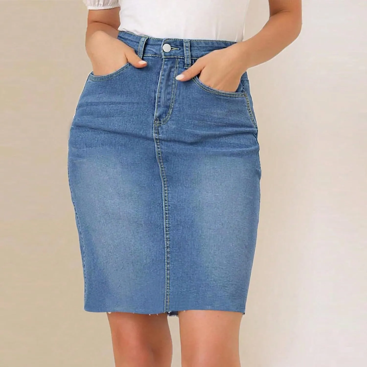fanmpghleoo High Waisted Denim Skirt Women Raw Hem Pencil Mini Jean Skirt with Pockets Stretchy Bodycon Curvy Summer Skirts