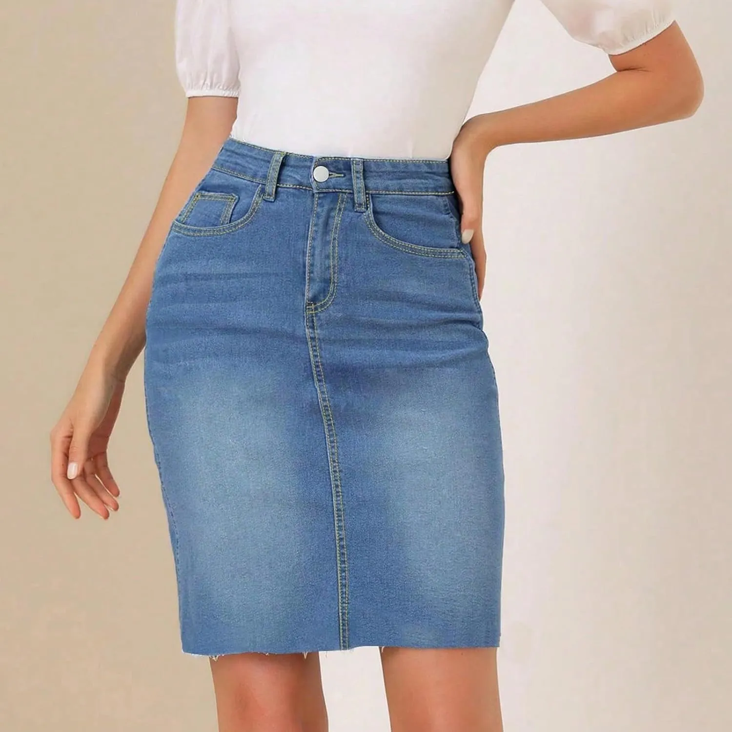 fanmpghleoo High Waisted Denim Skirt Women Raw Hem Pencil Mini Jean Skirt with Pockets Stretchy Bodycon Curvy Summer Skirts