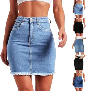 fanmpghleoo High Waisted Denim Skirt Women Raw Hem Pencil Mini Jean Skirt with Pockets Stretchy Bodycon Curvy Summer Skirts