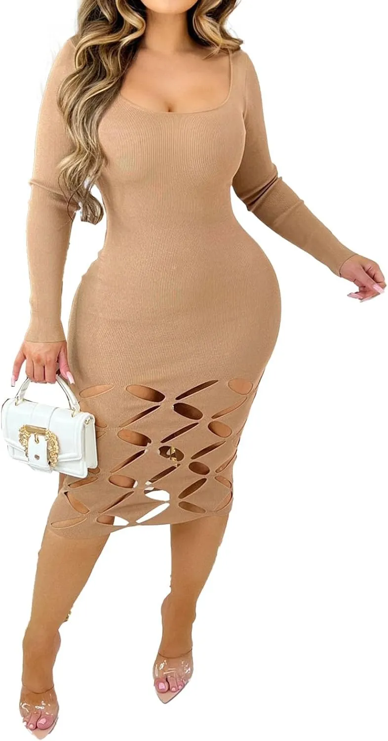 Fastkoala Women's Sexy V Neck Ribbed Bodycon Dress Hollow Out Long Sleeve Slim Fit Midi Dress Night Club Party Dresses