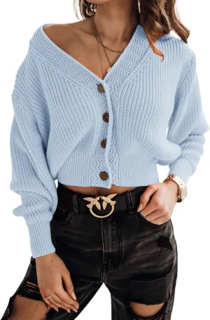 Febriajuce Women's Long Sleeve V-Neck Button Down Rib Knit Cropped Cardigan Sweater