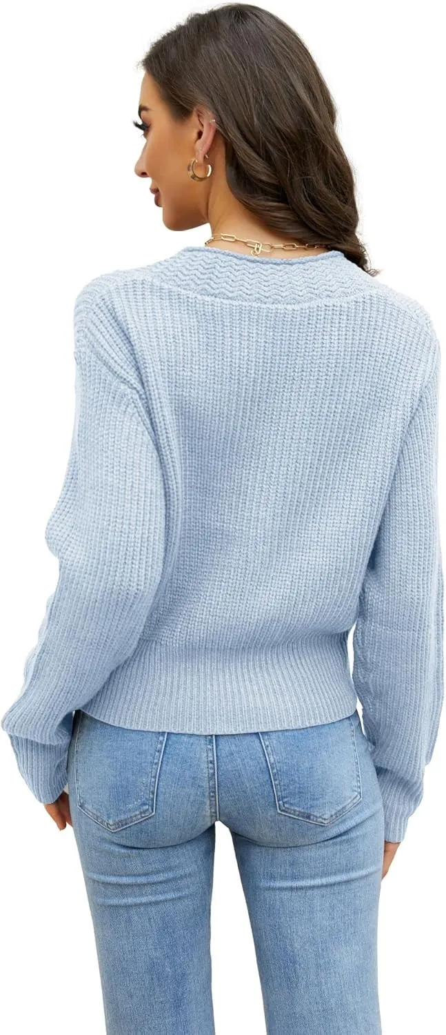 Febriajuce Women's Long Sleeve V-Neck Button Down Rib Knit Cropped Cardigan Sweater