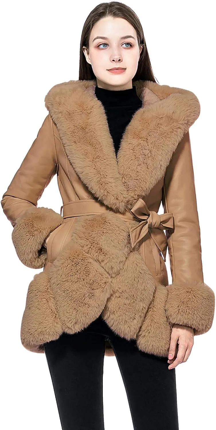 GRAN ORIENTE Women's Faux Leather Coat with Faux Fur Collar,Winter Warm Belted Mid Length Trim Jacket Fur Lined with Hood