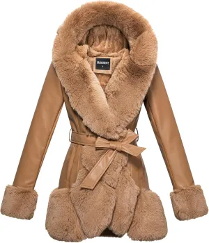 GRAN ORIENTE Women's Faux Leather Coat with Faux Fur Collar,Winter Warm Belted Mid Length Trim Jacket Fur Lined with Hood