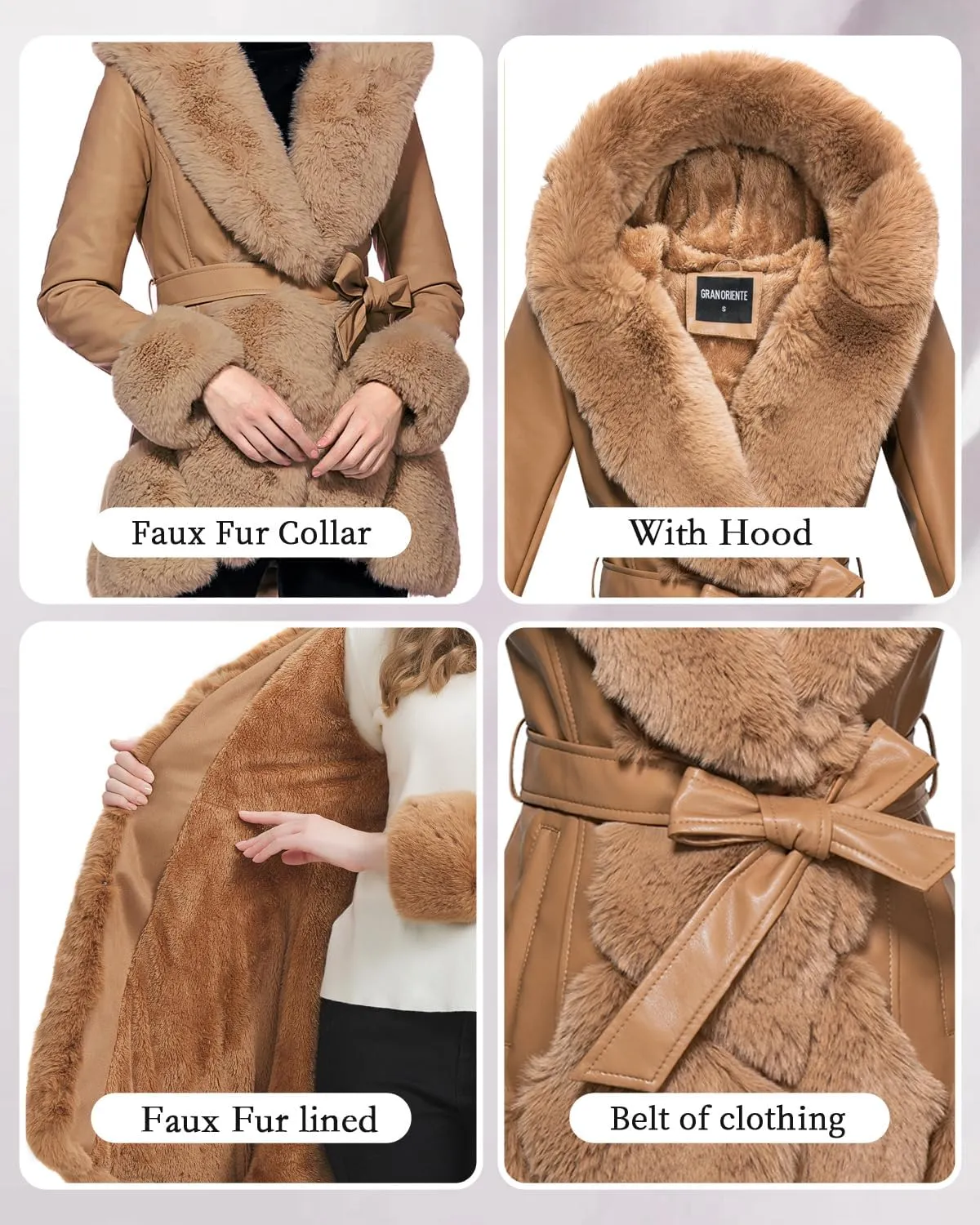 GRAN ORIENTE Women's Faux Leather Coat with Faux Fur Collar,Winter Warm Belted Mid Length Trim Jacket Fur Lined with Hood