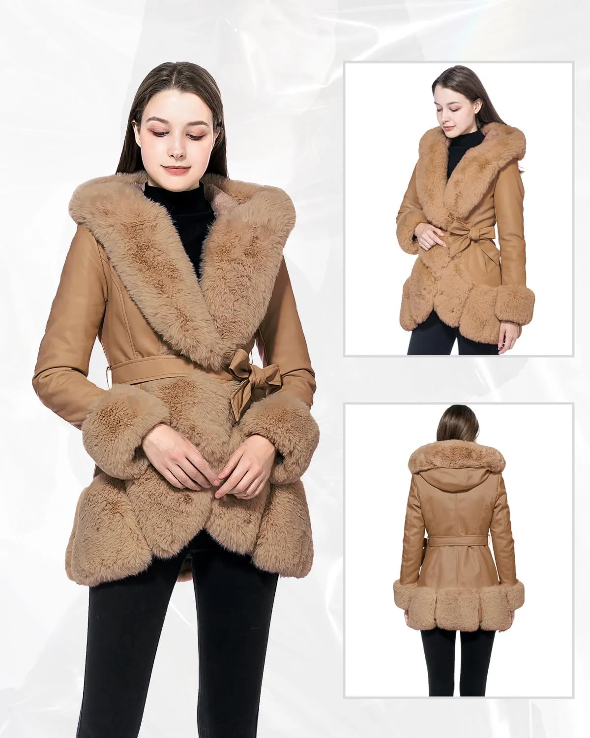 GRAN ORIENTE Women's Faux Leather Coat with Faux Fur Collar,Winter Warm Belted Mid Length Trim Jacket Fur Lined with Hood