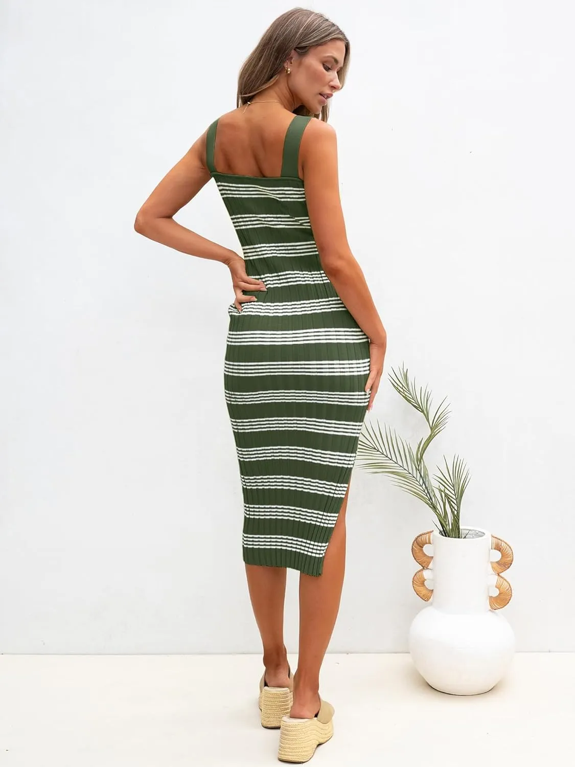 HDLTE Women's Sleeveless Striped Knit Bodycon Midi Dress Square Neck Side Slit Tank Ribbed Sweater Dresses