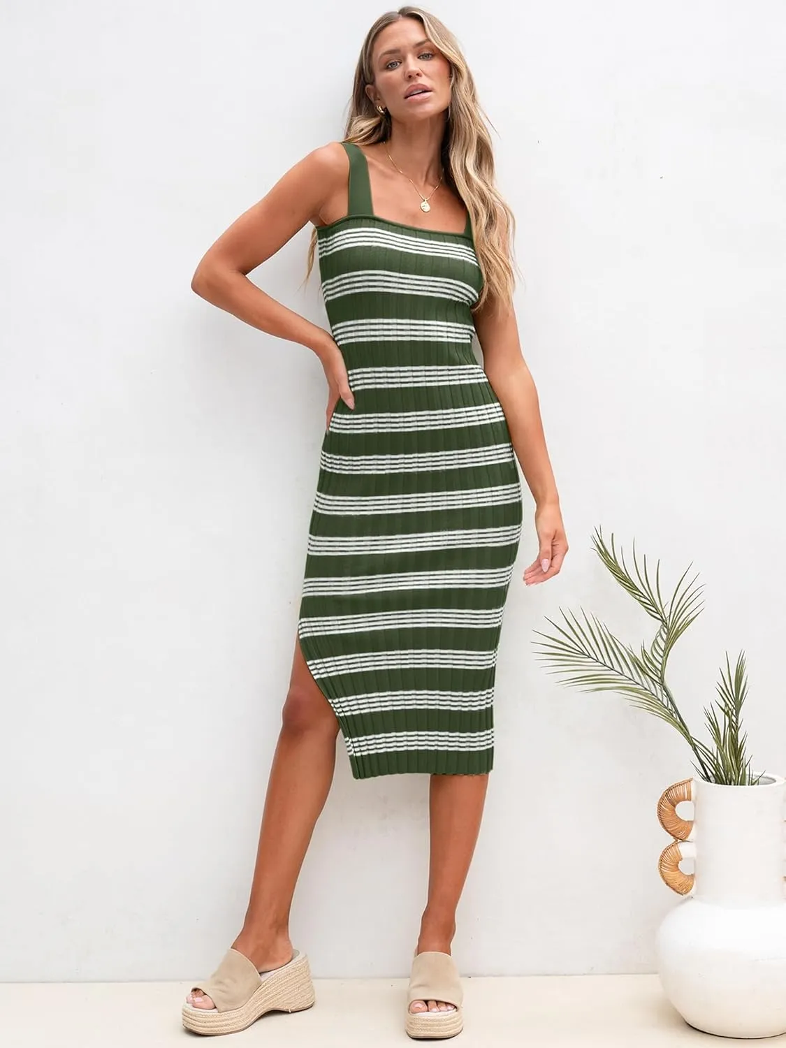 HDLTE Women's Sleeveless Striped Knit Bodycon Midi Dress Square Neck Side Slit Tank Ribbed Sweater Dresses