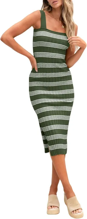 HDLTE Women's Sleeveless Striped Knit Bodycon Midi Dress Square Neck Side Slit Tank Ribbed Sweater Dresses