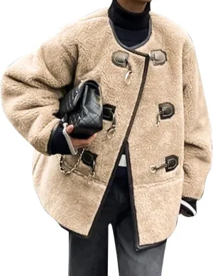 HOULENGS Women's Long Sleeve Sherpa Fleece Jackets Button Down Faux Fuzzy Coat Winter Warm Outwear with Pockets