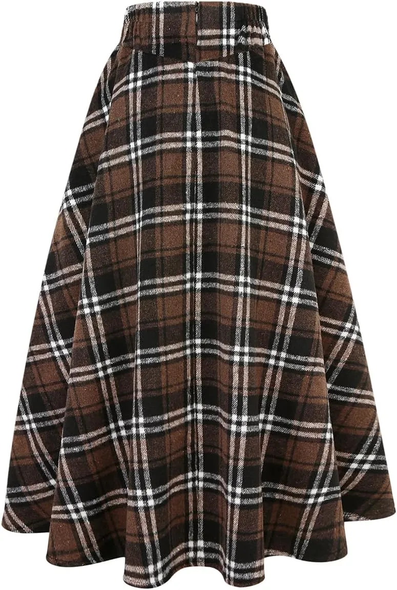 IDEALSANXUN Womens Fall Winter High Waisted Wool Plaid A-line Long Skirt