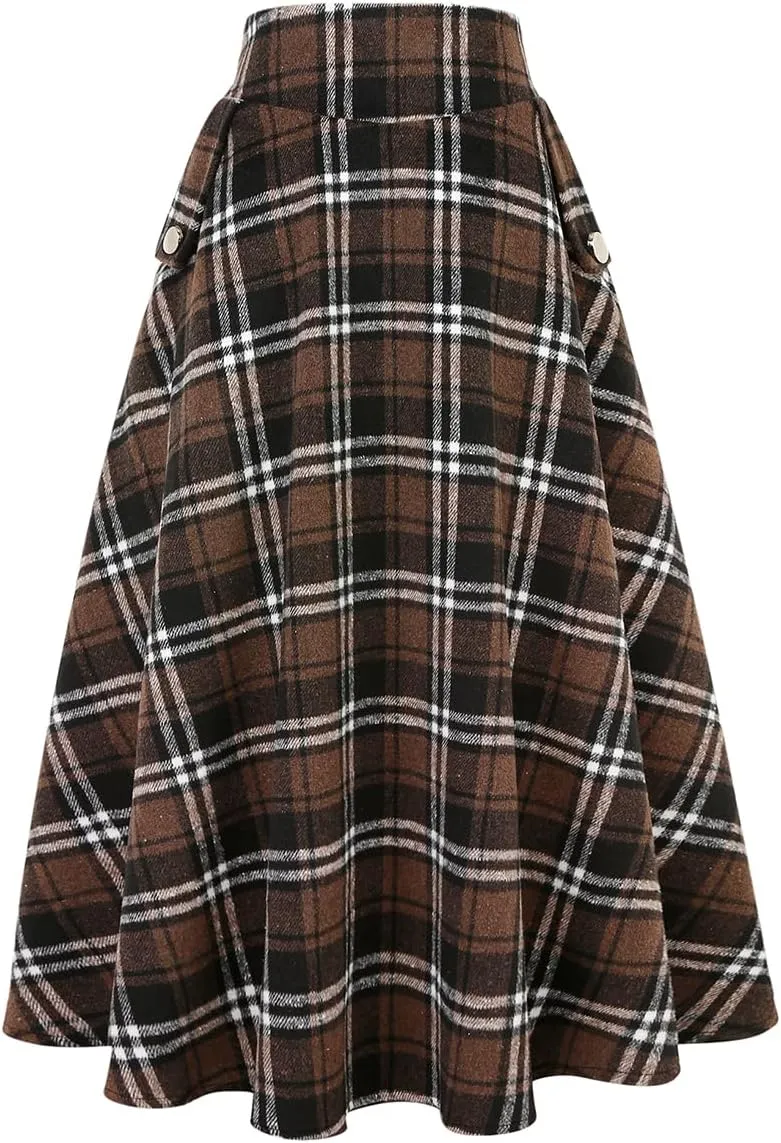 IDEALSANXUN Womens Fall Winter High Waisted Wool Plaid A-line Long Skirt
