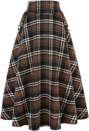 IDEALSANXUN Womens Fall Winter High Waisted Wool Plaid A-line Long Skirt