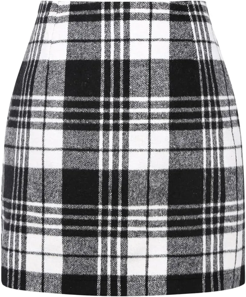 IDEALSANXUN Womens High Waist Plaid Skirt Bodycon Pencil Wool Mini Skirts