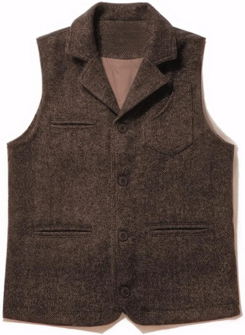 JinXuanYa Men's Herringbone Vintage Coarse Wool Blend Buttoned Vest Tweed with Pockets Waistcoat