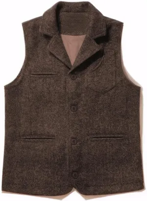 JinXuanYa Men's Herringbone Vintage Coarse Wool Blend Buttoned Vest Tweed with Pockets Waistcoat