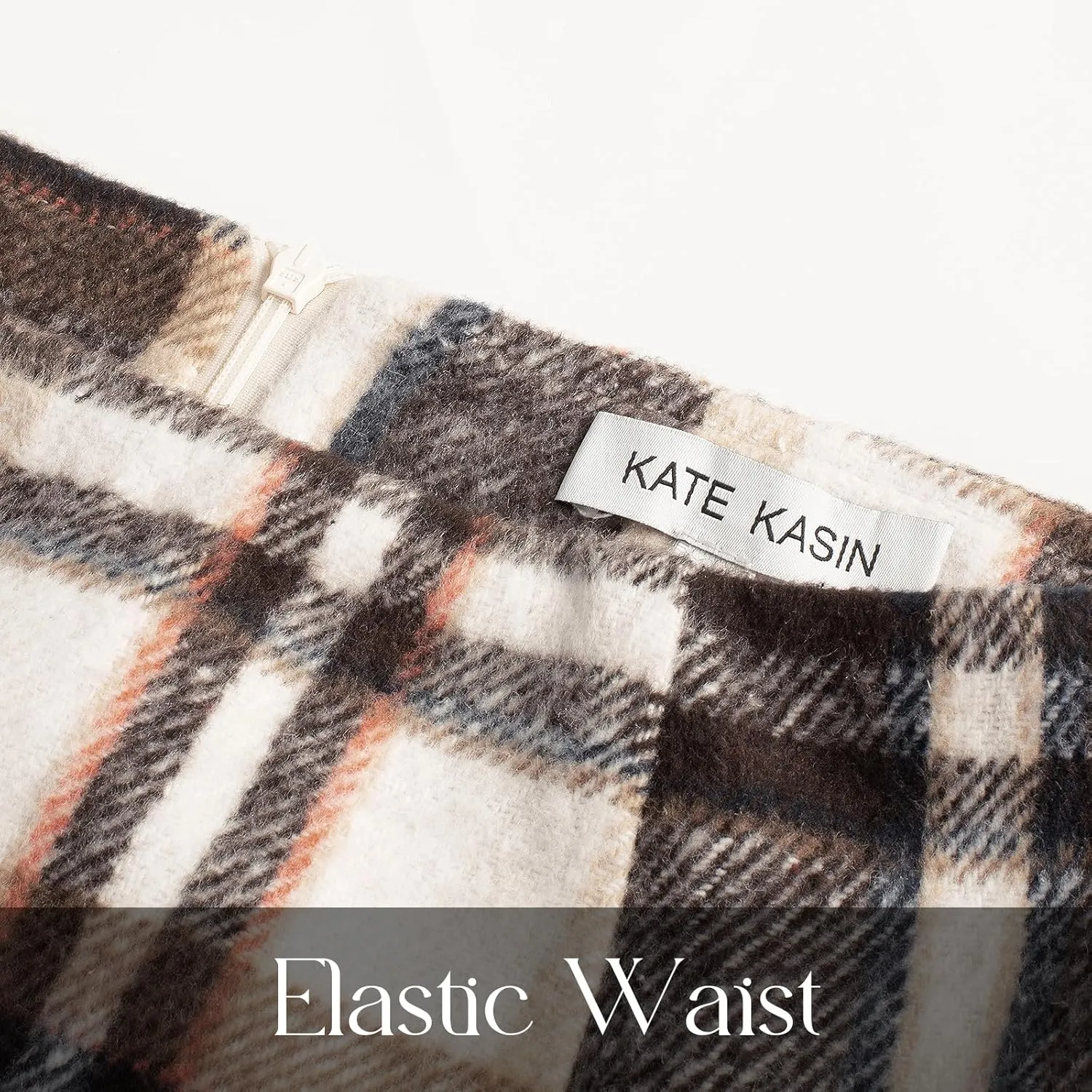 Kate Kasin Womens Wool Plaid Pencil Skirt High Waist Slit Stretchy Bodycon Fall Winter Knee Length Midi Skirt