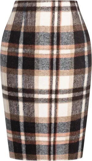 Kate Kasin Womens Wool Plaid Pencil Skirt High Waist Slit Stretchy Bodycon Fall Winter Knee Length Midi Skirt