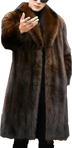 Men Mid Long Casual Faux Mink Coat Single Breasted Business Cozy Fur Jacket Winter Classic Fur Collar Outerwear
