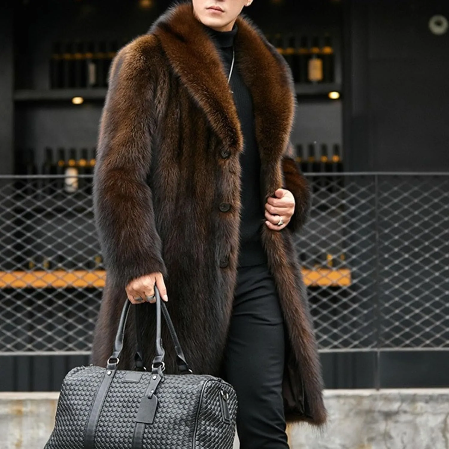 Men Mid Long Casual Faux Mink Coat Single Breasted Business Cozy Fur Jacket Winter Classic Fur Collar Outerwear