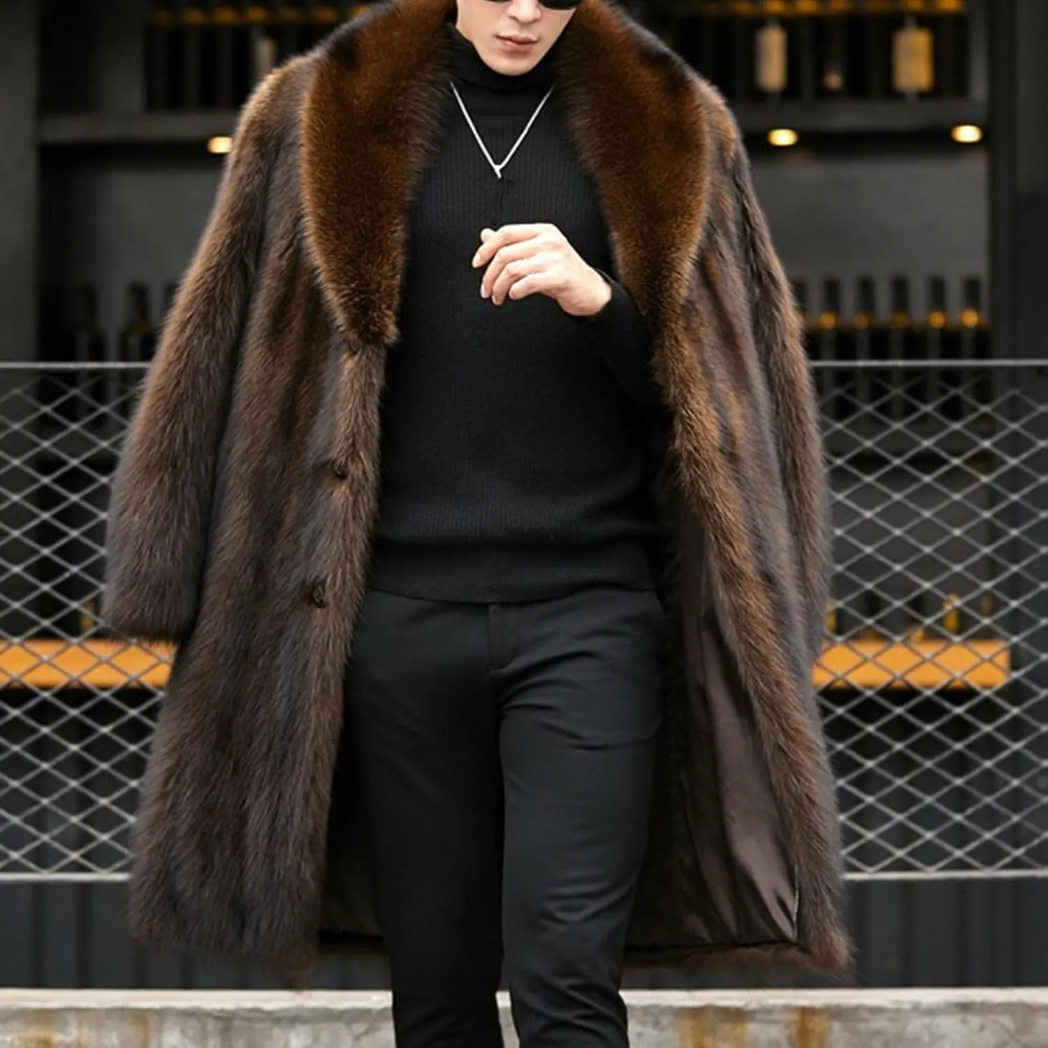 Men Mid Long Casual Faux Mink Coat Single Breasted Business Cozy Fur Jacket Winter Classic Fur Collar Outerwear