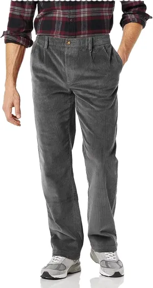 Men's Corduroy Pants Casual Classic-Fit Pleated Front Straight Cord Pants Trouser