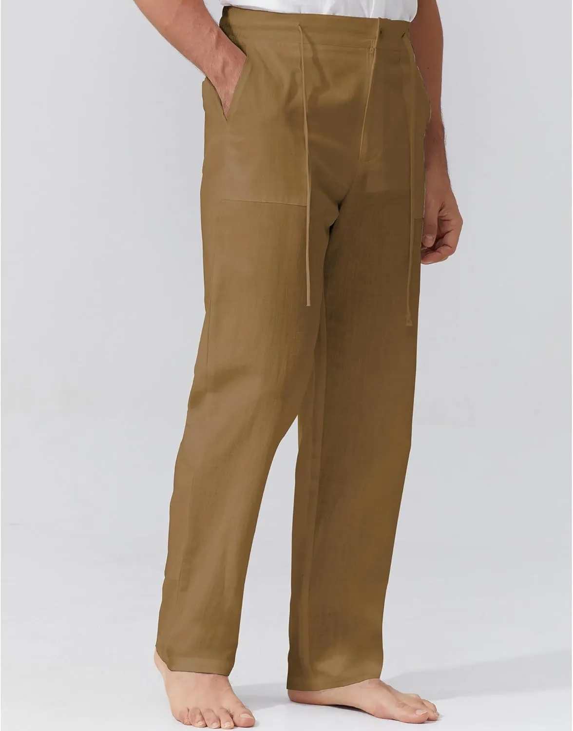 Mens Linen Pants Elastic Waist Summer Pants Relaxed Fit Lightweight Yoga Beach Casual Pants with Pockets
