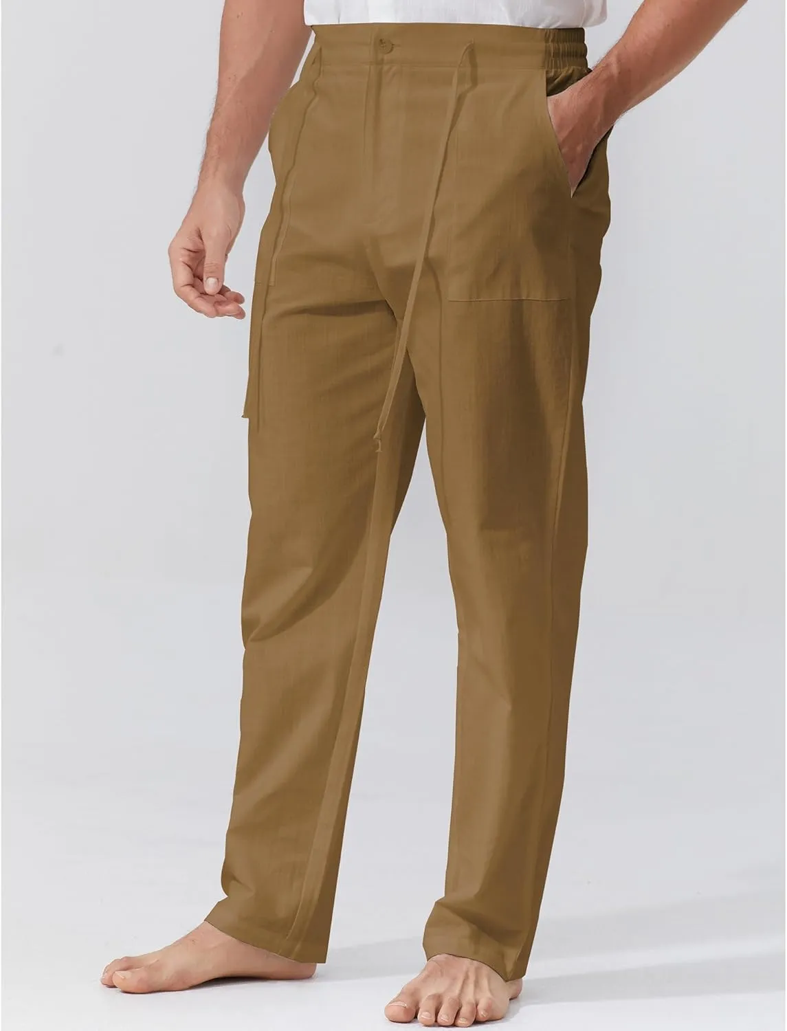 Mens Linen Pants Elastic Waist Summer Pants Relaxed Fit Lightweight Yoga Beach Casual Pants with Pockets