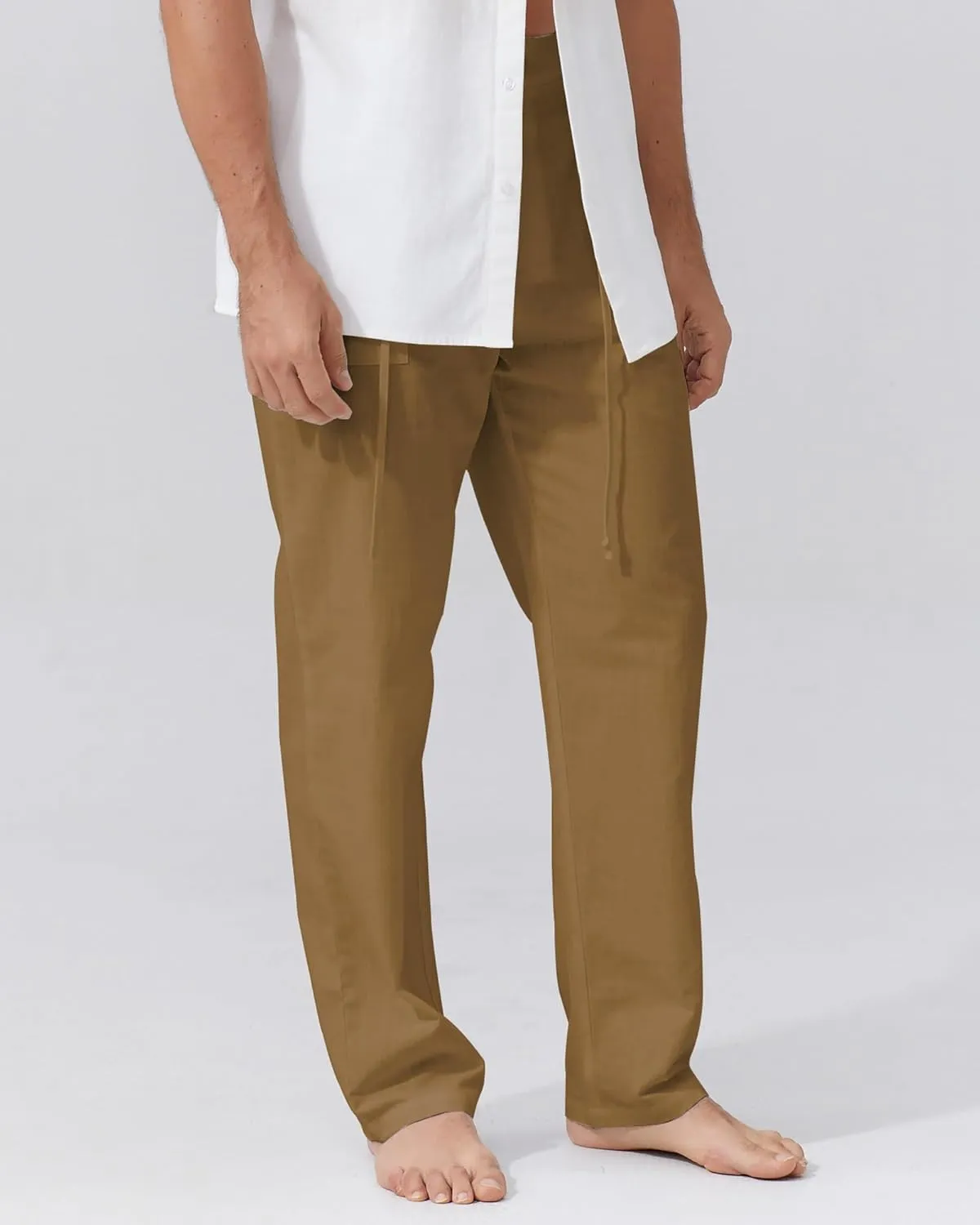Mens Linen Pants Elastic Waist Summer Pants Relaxed Fit Lightweight Yoga Beach Casual Pants with Pockets
