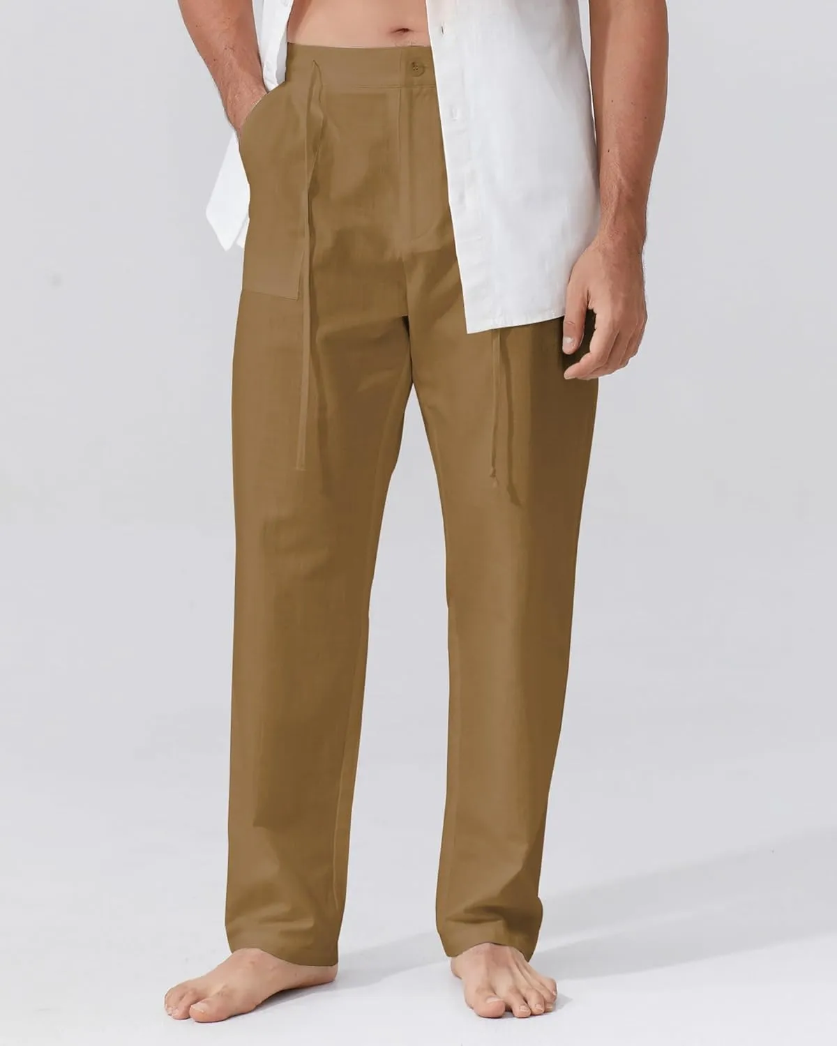 Mens Linen Pants Elastic Waist Summer Pants Relaxed Fit Lightweight Yoga Beach Casual Pants with Pockets