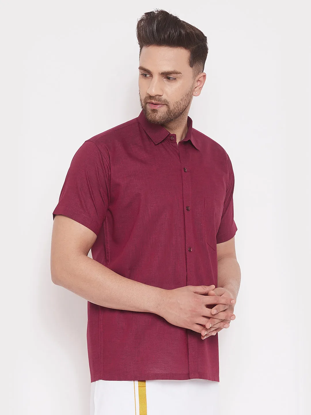 Men's Maroon Cotton Blend Ethnic Shirt - Vastramay