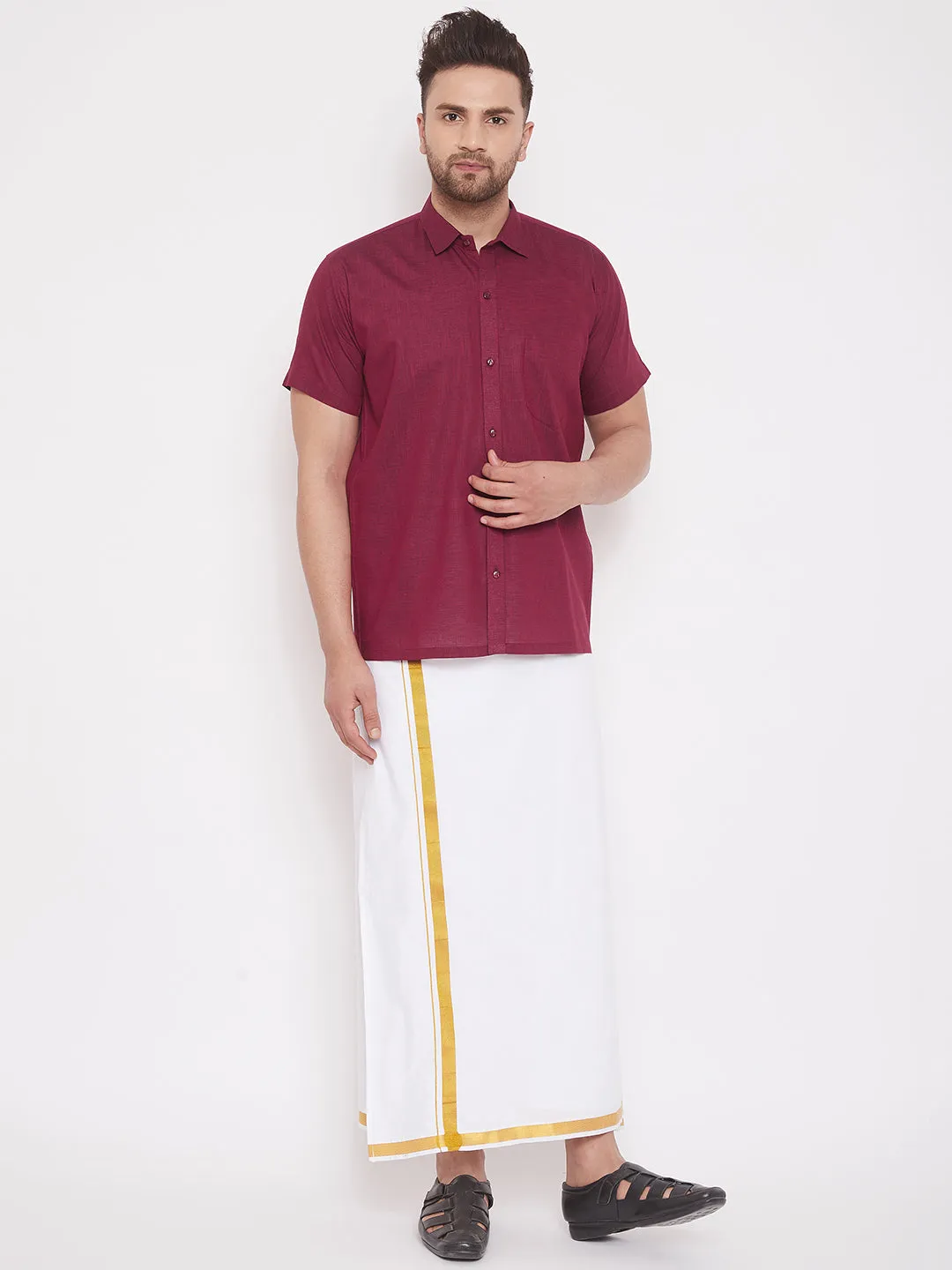 Men's Maroon Cotton Blend Ethnic Shirt - Vastramay