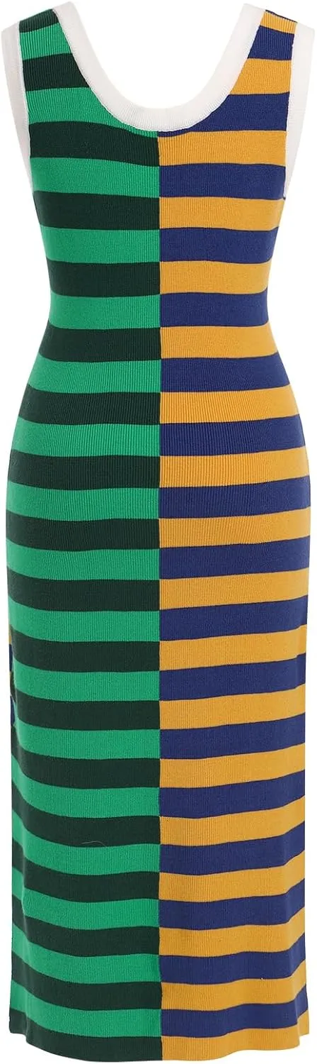 OBEEII Womens Color Contrast Striped Dress Sleeveless Knitted Midi Dress Side Slit Scoop Neck Bodycon Casual Sweater Dress