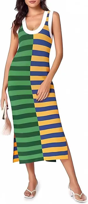 OBEEII Womens Color Contrast Striped Dress Sleeveless Knitted Midi Dress Side Slit Scoop Neck Bodycon Casual Sweater Dress
