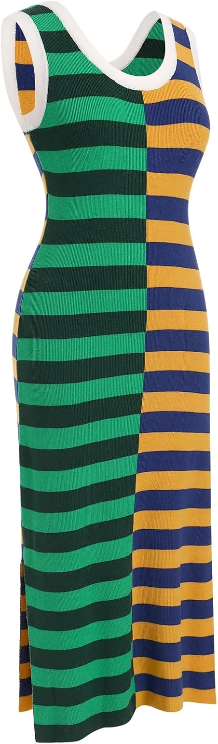 OBEEII Womens Color Contrast Striped Dress Sleeveless Knitted Midi Dress Side Slit Scoop Neck Bodycon Casual Sweater Dress