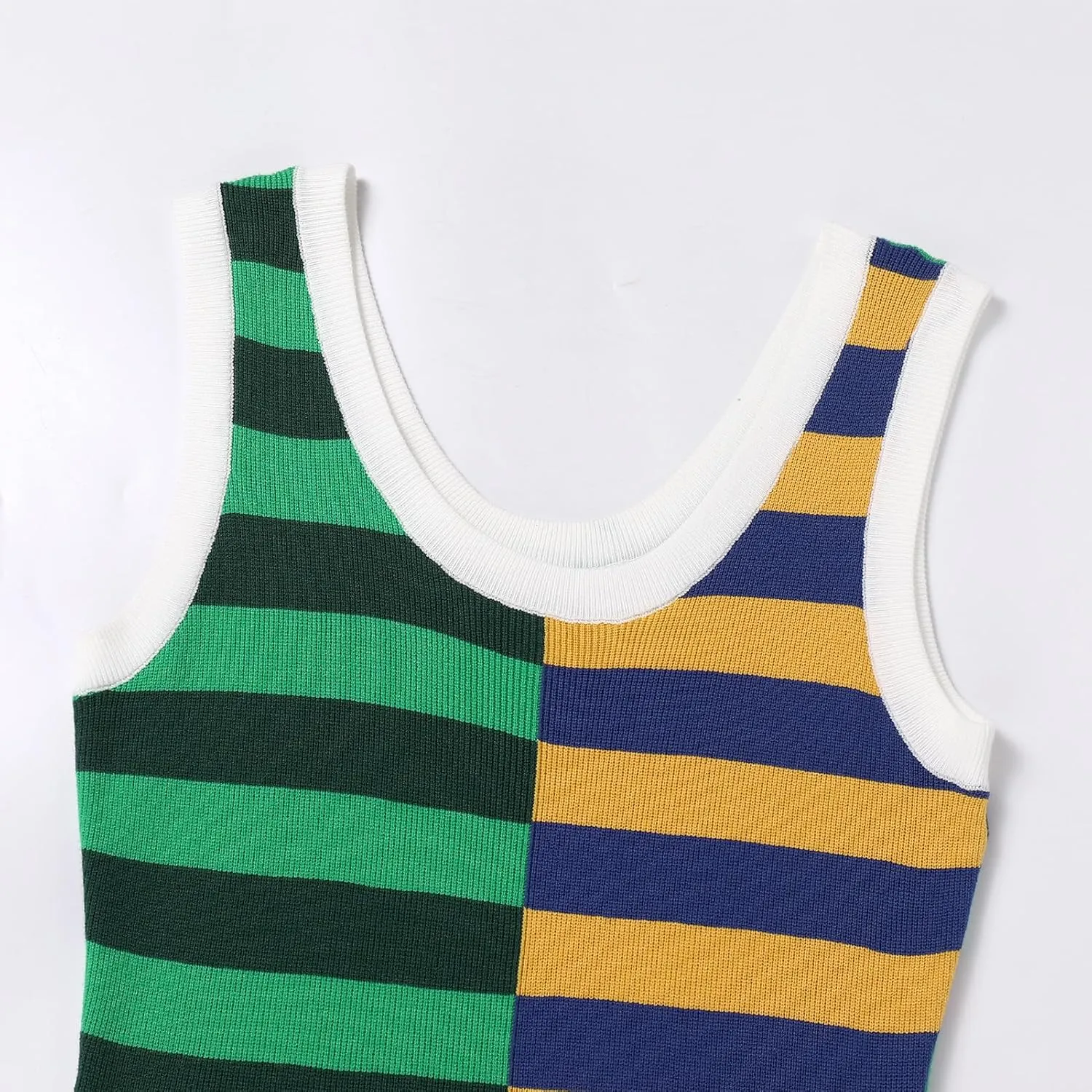 OBEEII Womens Color Contrast Striped Dress Sleeveless Knitted Midi Dress Side Slit Scoop Neck Bodycon Casual Sweater Dress