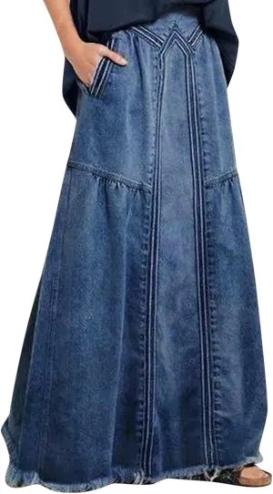 Plus Size Denim Skirts for Women Elastic Waist Casual A-Line Midi Length Skirt with Raw Hem Detail and Lightweight
