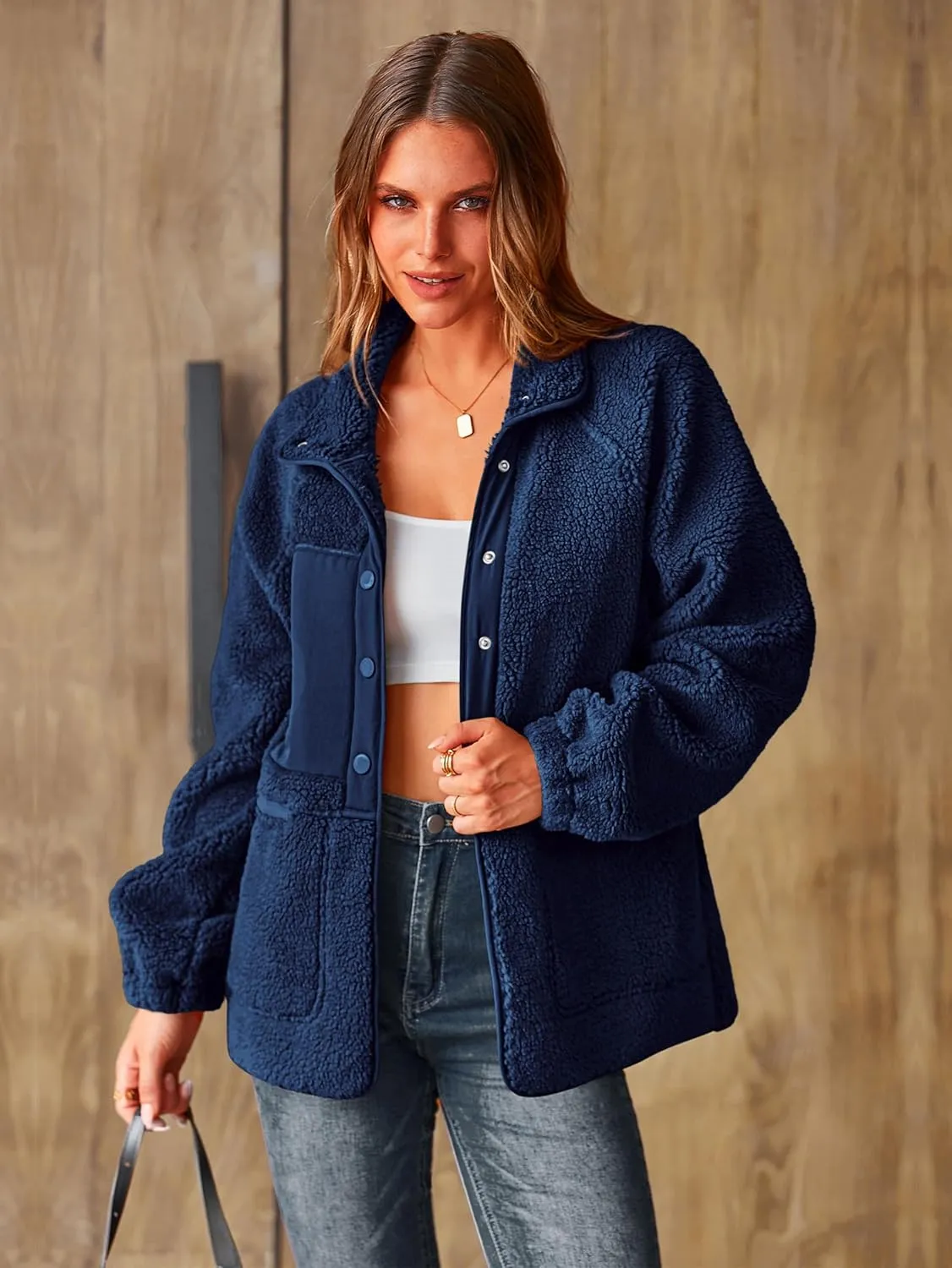 PRETTYGARDEN Women 2024 Fall Winter Fleece Jacket Long Sleeve Casual Button Fuzzy Sherpa Cropped Coats Outerwear with Pockets